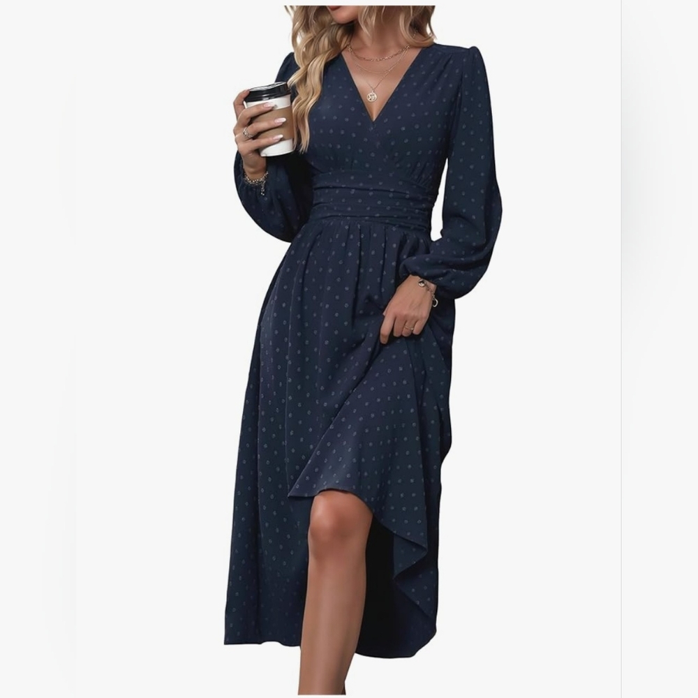 Navy Long Sleeve V-Neck Midi Dress